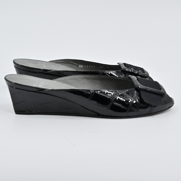 Stuart Weitzman Peep Toe Wedges Womens Sz 6.5 Black Patent Croc Embossed Slip On - Picture 2 of 9
